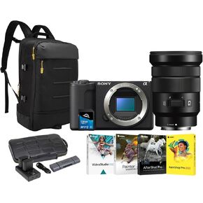 كاميرا Sony ZV-E10 II غير المرآة (أسود) مع حزمة عدسة OSS 18-105 مم مع حقيبة ظهر ، بطاريات (حزمة) ، بطاقة ذاكرة ، 4 برامج وقارئ البطاقة