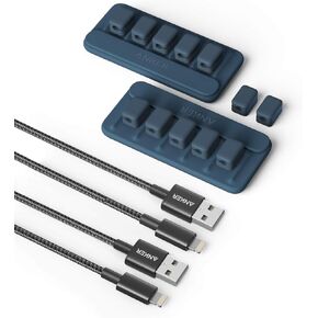 Anker 6ft Premium Nylon Lightning Cable (2-Pack) & Cable Management, Magnetic Cable Holder (2-Pack, Blue)