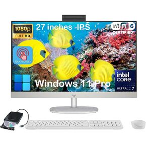HP 27" All-in-One Touchscreen Desktop - w/Office Lifetime, Intel Ultra 7-155U, 32GB DDR5 RAM, 2TB SSD, Three-Sided Micro-Edge Display, Wifi6, HD Webcam, Win11 Pro, External DVD Drive, Wired KB & Mouse