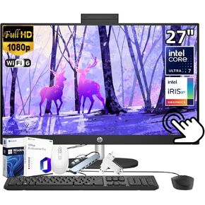 HP 2025 27" All-in-One Touchscreen Desktop Computer, FHD Anti-Glare Touchscreen, Intel Ultra 7 155U, Intel IrisXe, 64 GB DDR5, 4 TB SSD, Wi-Fi 6, Windows 11 Pro, Lifetime Office Pro, Jet Black