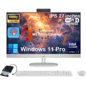 HP 27" Touchscreen All-in-One Desktop, Adjustable Angle, Intel-Core Ultra 7 155U, 64GB RAM, 2TB SSD, 27" FHD Anti-Glare Three-Sided Micro-Edge Display, Win 11 Pro, External DVD Drive, Wired KB & Mouse