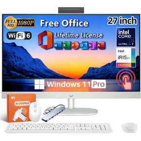 HP 27 Inch All in One Touchscreen Desktop Computer, Intel Ultra 7 155U(Up to 4.8GHz), Intel IrisXe, FHD Anti-Glare Touchscreen, 32 GB DDR5, 2 TB SSD, Windows 11 Pro, Office Pro Lifetime, Shell White