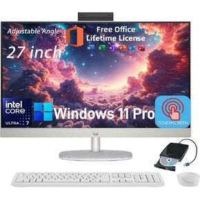 HP 27" Full HD Touchscreen All-in-One Desktop, Adjustable Angle, Intel-Core Ultra 7 155U, 64GB DDR5 RAM, 1TB SSD, Win 11 Pro, External DVD Drive, Wired KB & Mouse, 1080p Camera, Wi-Fi 6
