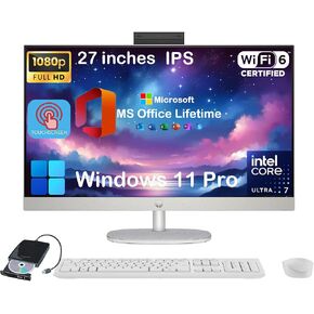 HP 27" Touchscreen All-in-One Desktop, Adjustable Angle, Intel-Core Ultra 7 155U, 64GB DDR5 RAM, 2TB SSD, 27" FHD Anti-Glare Display, Win 11 Pro, External DVD Drive, Wired KB & Mouse, 1080p Camera