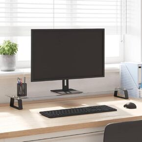 Ergonomic Monitor Stand with Tempered Glass and Metal for Organizing Desk Space, 39.4" x 7.9" x 3.1", Modern Black Design
