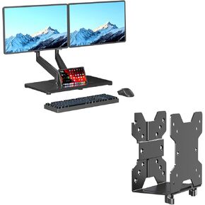 Pholiten Dual Monitor Stand with Wooden Base Adjustable Thin Client Mini PC Mount Bracket