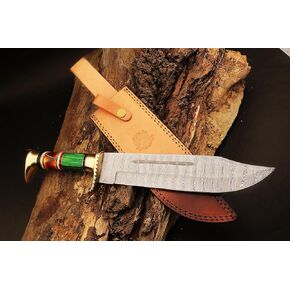 | 15-Inch Premium Handcrafted Damascus Steel Hunting Knife - 10 inch Full Tang Blade with 5 inch Ergonomic Wooden Handle for Hunting, Camping and Bushcraft