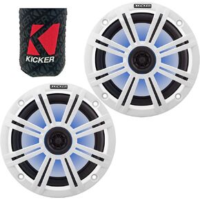 KICKER 8" Marine Speakers (1 Pair) OEM Replacement Coaxial Speakers for Boat with White Grille and LED Lights 4-ohm. Water and Weather Resistant