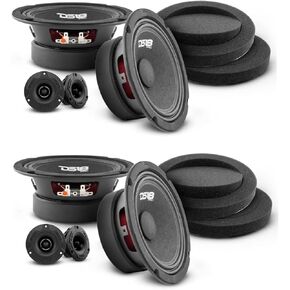 DS18 Car Audio Speakers Bundle - PRO-GM6.4PK with DSFR6 Mid and High Complete Speaker/Tweeter Package with 2xPair of Car Foam Fast Rings - Door Speakers for Car or Truck Stereo Radio Sound System