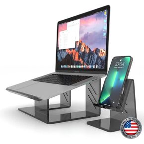 Acrylic Laptop Stand with Phone Stand, Portable Ergonomic Laptop/Phone Stand for Desktop, Laptop Stand Compatible with 10 to 17 Inches Laptops, Made in USA (LS-Clear)