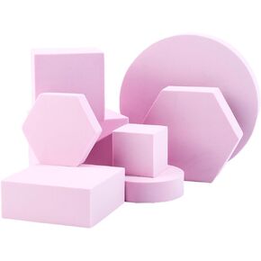 CREATCABIN 8Pcs 8 Styles Geometric Cube Photo Props Set Hard Foam Display Pedestals Photo Props Square Hexagon Round Photography Background Props for Goods Jewelry Cosmetics Makeup Tools Crafts Pink