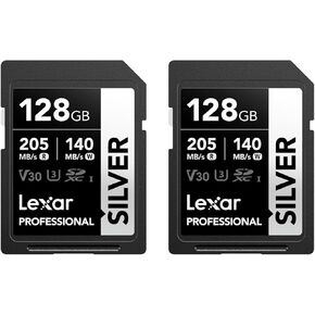 Lexar Professional SILVER 128GB 2-Pack SDXC UHS-I Memory Card, Up to 205MB/s Read, 140MB/s Write, Class 10, U3, V30, SD Card for Professional Photographers, Videographers, Enthusiasts