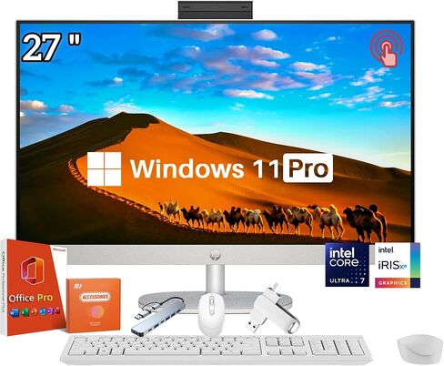 HP 27’’ Touchscreen All in One Desktop Computer, FHD IPS Eye Care Display, Intel 12-Core Ultra 7, Adjustable Height, 32GB DDR5, 1TB SSD, Office Pro Lifetime, Win 11 Pro, Jet Black, Accessories in Saudi Arabia