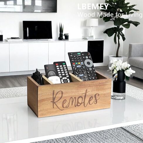 LBEMEY Acacia Wood Remote Control Holder, TV Remote Control Organizer for Tablewith 3 Compartments,Farmhouse Remote Storage Caddy, Versatile Desk Organizer in Kuwait