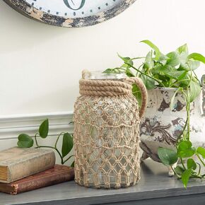 The Novogratz Glass Decorative Candle Lantern with Rope Handle, 7" x 8" x 12", Clear