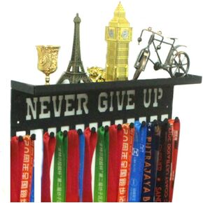 Never Give Up Motivational Sports Awards Medal Holder Trophy Shelf, Display Rack and Ribbon Hanger with 3" Shelf and Hooks