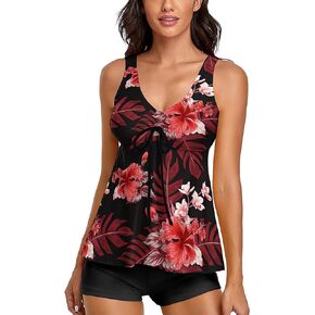Modest Tankini Swimsuits for Women Two Piece Bathing Suits Floral Print Tank Top with Boyshorts