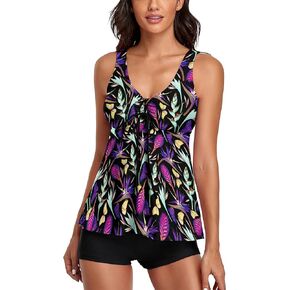 Modest Tankini Swimsuits for Women Two Piece Bathing Suits Floral Print Tank Top with Boyshorts