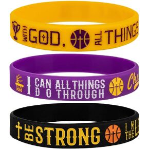 Power of Faith Basketball Purple Gold Silicone Bracelets with Inspirational Scriptures Matthew 19:26, Philippians 4:13, Ephesians 6:10, Motivational Wristbands Sports Gifts for Lakers