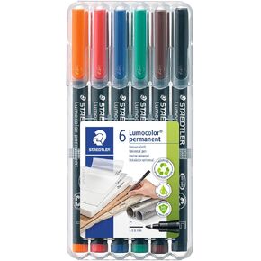 Staedtler Lumocolor Universal Pen, Fine, Felt Tip, Permanent Marker, Box of 6 Assorted Color Pens, 0.6mm 318 WP6