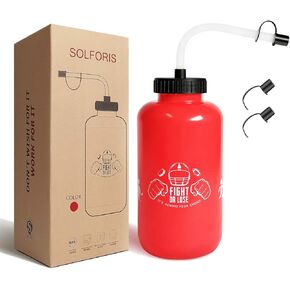 Hockey Water Bottles with Long Straw, Fit for Football Lacrosse Gym Sport, Plastic Squeezable Leakproof BPA Free, No Strange Smell, Easy to Clean, 1 Liter 32 oz (3 Straw Caps) (red)