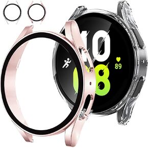 EWUONU [عبوة من قطعتين] حافظة حماية للشاشة لساعة سامسونج جالاكسي 5/ساعة جالاكسي 4 40 مم 44 مم، غطاء حماية صلب من الزجاج المقسى لساعة جالاكسي 5/4 (44 مم، أسود + فضي) in Kuwait