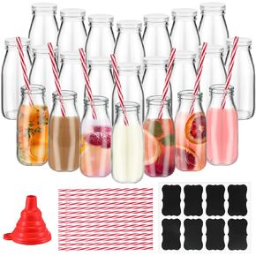 20 Pack 8.5oz Glass Milk Bottles with Lids and Straws Glass Juice Bottles Bulk Vintage Breakfast Milk Glass Creamer Bottle Container with Labels Funnel for Wedding Birthday Party Decoration