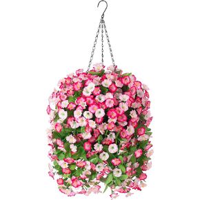 Hanging Baskets with Artificial Flowers for Plants Outdoor Indoor, Faux Silk Morning Glory Vines, Faux Green Plant Arrangement for Garden Patio Decoration(Darkorchid)