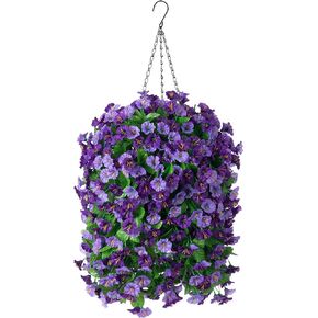 Hanging Baskets with Artificial Flowers for Plants Outdoor Indoor, Faux Silk Morning Glory Vines, Faux Green Plant Arrangement for Garden Patio Decoration(Darkorchid)