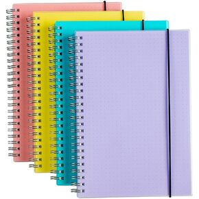 4 Pack A5 Spiral Bullet Dotted Journal with 120gsm Thick Paper, Dot Grid Spiral Notebook with Plastic Hardcover and Elastic Band Closure, 70 Sheets Per Pack 5.7X 8.3 inches