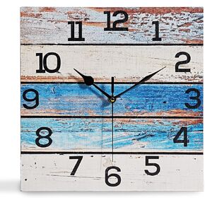 Rustic Square Wall Clock Silent Non Ticking Battery Operated Coastal Blue Wooden Home Decor for Bathroom Kitchen Bedroom Living Room,12 inch