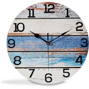 Rustic Square Wall Clock Silent Non Ticking Battery Operated Coastal Blue Wooden Home Decor for Bathroom Kitchen Bedroom Living Room,12 inch