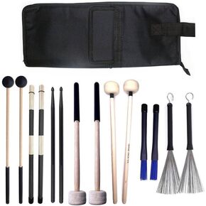 Percussion Drum Stick Bag with 7 Pair Drumsticks Mallets Brushes Set, Drum Mallet Bag with Floor Tom Hooks,Nylon Bamboo Jazz Bass Drum Sticks Retractable Drum Wire Brushes,Hanging Mallet Bag