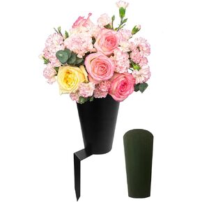 Metal Grave Vase Cemetery Vases Grave decoration Memorial Floral Vase Cemetery Flower Holder Headstone Vase Grave Lawn Vase with floral foam and Long Spike (the spike has been upgraded and reinforced)