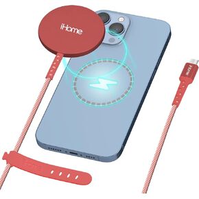 iHome Magnetic Wireless Charger - 10W 6ft Durastrain Nylon Charging Cable with Silicone Wrap, Compatible with MagSafe Cases, for iPhone 12/13, Navy