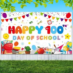 Happy 100 Days of School Banner Decoration,100th Day of School Backdrop Photography Background for Kids Student Kindergarten Preschool Primary School 100th Day Party Favor Supplies, 43x73inch,White