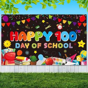 Happy 100 Days of School Banner Decoration,100th Day of School Backdrop Photography Background for Kids Student Kindergarten Preschool Primary School 100th Day Party Favor Supplies, 43x73inch,White