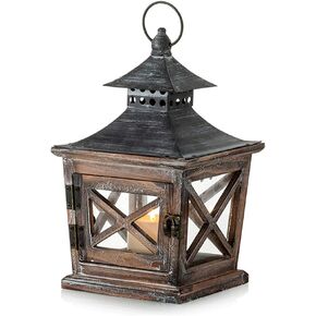 Nuptio Wooden Candle Lanterns Decorative 10.6in Height Rustic Hanging Pillar Candle Holder Farmhouse Lantern for Tabletop Display Wedding Party Centerpiece Garden Decor Indoor Outdoor Use