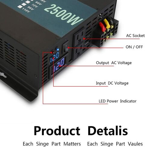 WZRELB 1000W 48V 120V محول طاقة موجة جيبية نقية مع 2 منافذ تيار متردد، عاكس السيارة in Kuwait