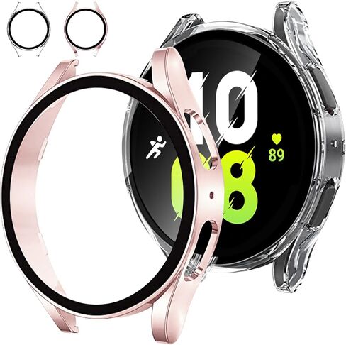 EWUONU [عبوة من قطعتين] حافظة حماية للشاشة لساعة سامسونج جالاكسي 5/ساعة جالاكسي 4 40 مم 44 مم، غطاء حماية صلب من الزجاج المقسى لساعة جالاكسي 5/4 (44 مم، أسود + فضي) in Kuwait