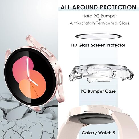 EWUONU [عبوة من قطعتين] حافظة حماية للشاشة لساعة سامسونج جالاكسي 5/ساعة جالاكسي 4 40 مم 44 مم، غطاء حماية صلب من الزجاج المقسى لساعة جالاكسي 5/4 (44 مم، أسود + فضي) in Kuwait