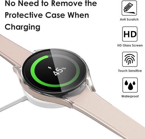 EWUONU [عبوة من قطعتين] حافظة حماية للشاشة لساعة سامسونج جالاكسي 5/ساعة جالاكسي 4 40 مم 44 مم، غطاء حماية صلب من الزجاج المقسى لساعة جالاكسي 5/4 (44 مم، أسود + فضي) in Kuwait