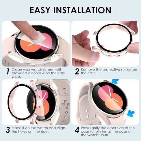 EWUONU [عبوة من قطعتين] حافظة حماية للشاشة لساعة سامسونج جالاكسي 5/ساعة جالاكسي 4 40 مم 44 مم، غطاء حماية صلب من الزجاج المقسى لساعة جالاكسي 5/4 (44 مم، أسود + فضي) in Kuwait