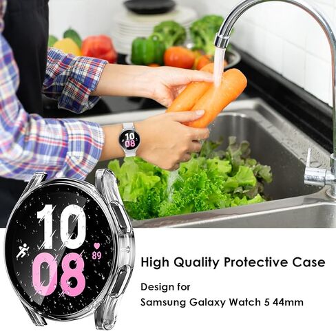 EWUONU [عبوة من قطعتين] حافظة حماية للشاشة لساعة سامسونج جالاكسي 5/ساعة جالاكسي 4 40 مم 44 مم، غطاء حماية صلب من الزجاج المقسى لساعة جالاكسي 5/4 (44 مم، أسود + فضي) in Kuwait