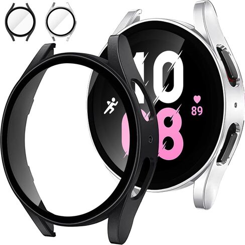 EWUONU [2Pack] Screen Protector Case for Samsung Galaxy Watch 5/Galaxy Watch 4 40mm 44mm, Tempered Glass Film Hard PC Case Protective Cover for Galaxy Watch 5/4 (44mm, Black+Silver) in Saudi Arabia