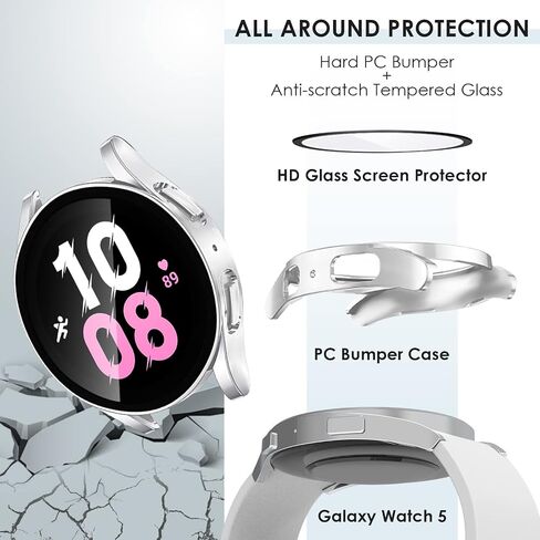 EWUONU [2Pack] Screen Protector Case for Samsung Galaxy Watch 5/Galaxy Watch 4 40mm 44mm, Tempered Glass Film Hard PC Case Protective Cover for Galaxy Watch 5/4 (44mm, Black+Silver) in Saudi Arabia