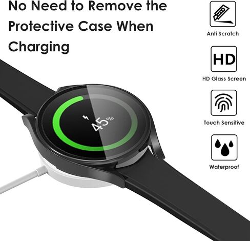 EWUONU [2Pack] Screen Protector Case for Samsung Galaxy Watch 5/Galaxy Watch 4 40mm 44mm, Tempered Glass Film Hard PC Case Protective Cover for Galaxy Watch 5/4 (44mm, Black+Silver) in Saudi Arabia