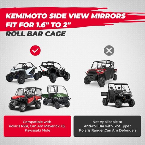 مرايا جانبية KEMIMOTO UTV مناسبة لقفص قضيب لف مقاس 1.6 بوصة - 2 بوصة، مرايا جانبية للرؤية الخلفية قابلة للتعديل والانفصال، متوافقة مع Polaris RZR 900، XP 1000/4، Commander X3 Viking Rhino Kawasaki Teryx YXZ in Saudi Arabia
