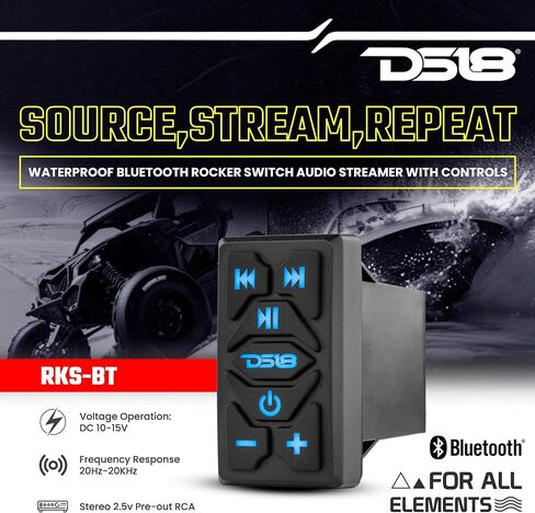 DS18 RKS-BT جهاز بث صوتي مقاوم للماء بتقنية البلوتوث البحري مع عناصر تحكم - جهاز استقبال صوت BT لاسلكي مدمج - استريو 2.5 فولت RCA قبل الخروج - حامل مفتاح الروك العالمي in Saudi Arabia