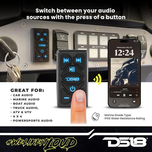 DS18 RKS-BT جهاز بث صوتي مقاوم للماء بتقنية البلوتوث البحري مع عناصر تحكم - جهاز استقبال صوت BT لاسلكي مدمج - استريو 2.5 فولت RCA قبل الخروج - حامل مفتاح الروك العالمي in Saudi Arabia